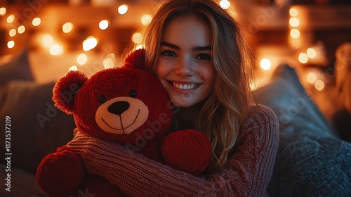 A woman with a warm smile hugging a red bear plush toy in a well-lit living room, decorated with soft pillows and fairy lights. photo