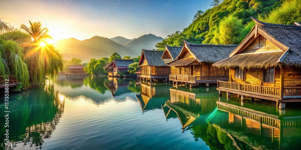 Obraz premium Serene Bamboo Houses on Water: Relaxing Tropical Getaway Stock Photo