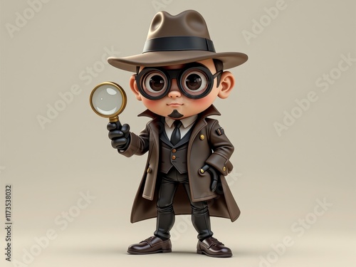 Adorable Cartoon Detective with Magnifying Glass Investigating a Case