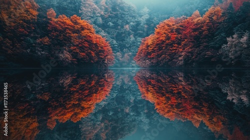 A peaceful lake surrounded by autumn foliage, with the treesa?? colors mirrored perfectly in the still water. photo