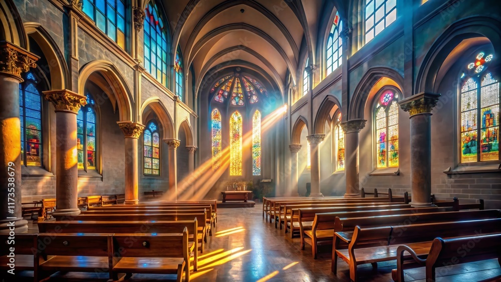 Obraz premium Serene Church Interior: Sunlight Streaming Through Stained Glass Windows