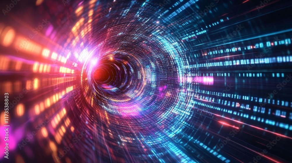 Obraz premium Experience a surreal futuristic world filled with vibrant data streams flowing through a dynamic tunnel of light, showcasing the essence of technology and energy in motion.