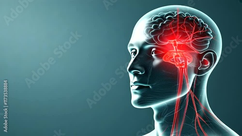 A detailed rendering of the head with the trigeminal nerve branching visibly, a painful area highlighted in red, and descriptive labels discussing neuralgia triggers and remedies