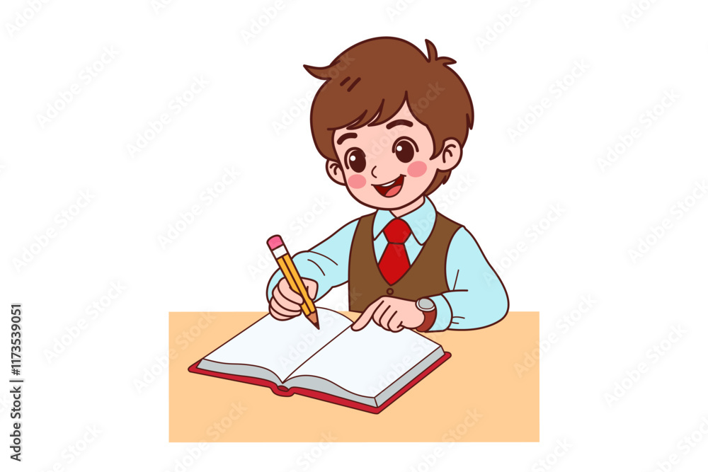 A boy is sitting and doing his homework. Flat vector style characters. A boy is sitting and doing his homework. Flat vector style characters.