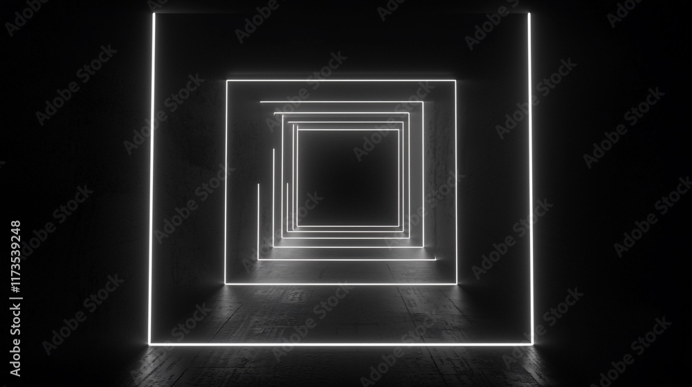 Glowing neon squares forming a tunnel in dark space. Glowing neon squares forming a tunnel in dark space.