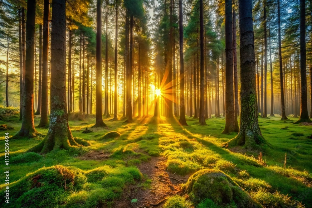 Fototapeta premium Serene Forest Dusk: Golden Hour Light Through Trees, Peaceful Nature Scene