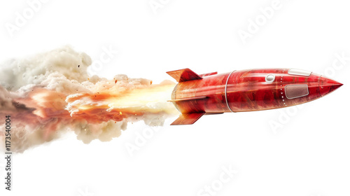 Rocket Launching into Space, A powerful rocket soars upwards, its thrusters ablaze with fire and smoke against a clear sky, isolated, png, transparent, clipart, transparent background, cutout, cut-out