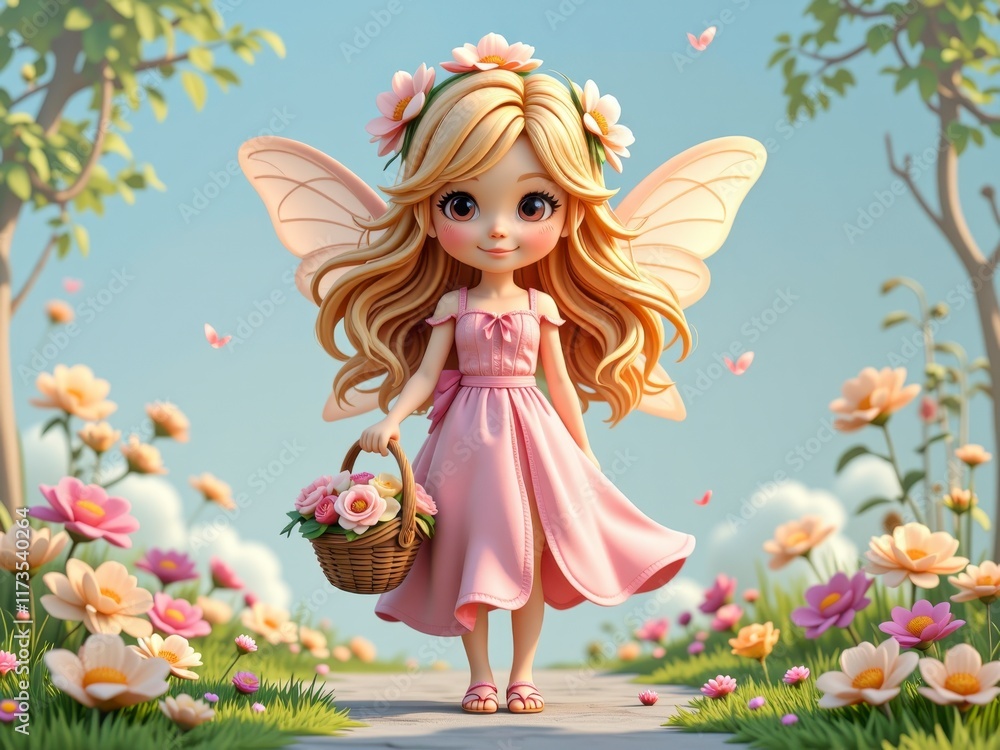 Fototapeta premium Adorable Fairy with Pink Dress Flower Basket Walking in Spring Garden