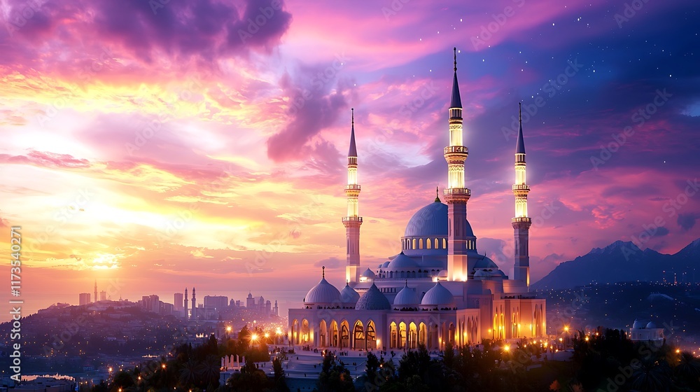 Naklejka premium Illuminated mosque at sunset, city skyline backdrop, vibrant sky.