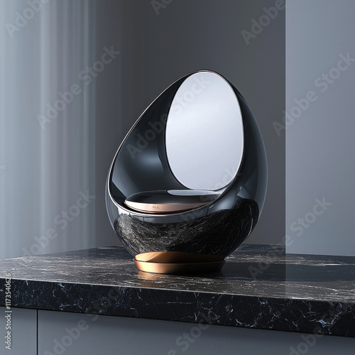 Modern black egg-shaped chair in minimalist interior on marble counter photo