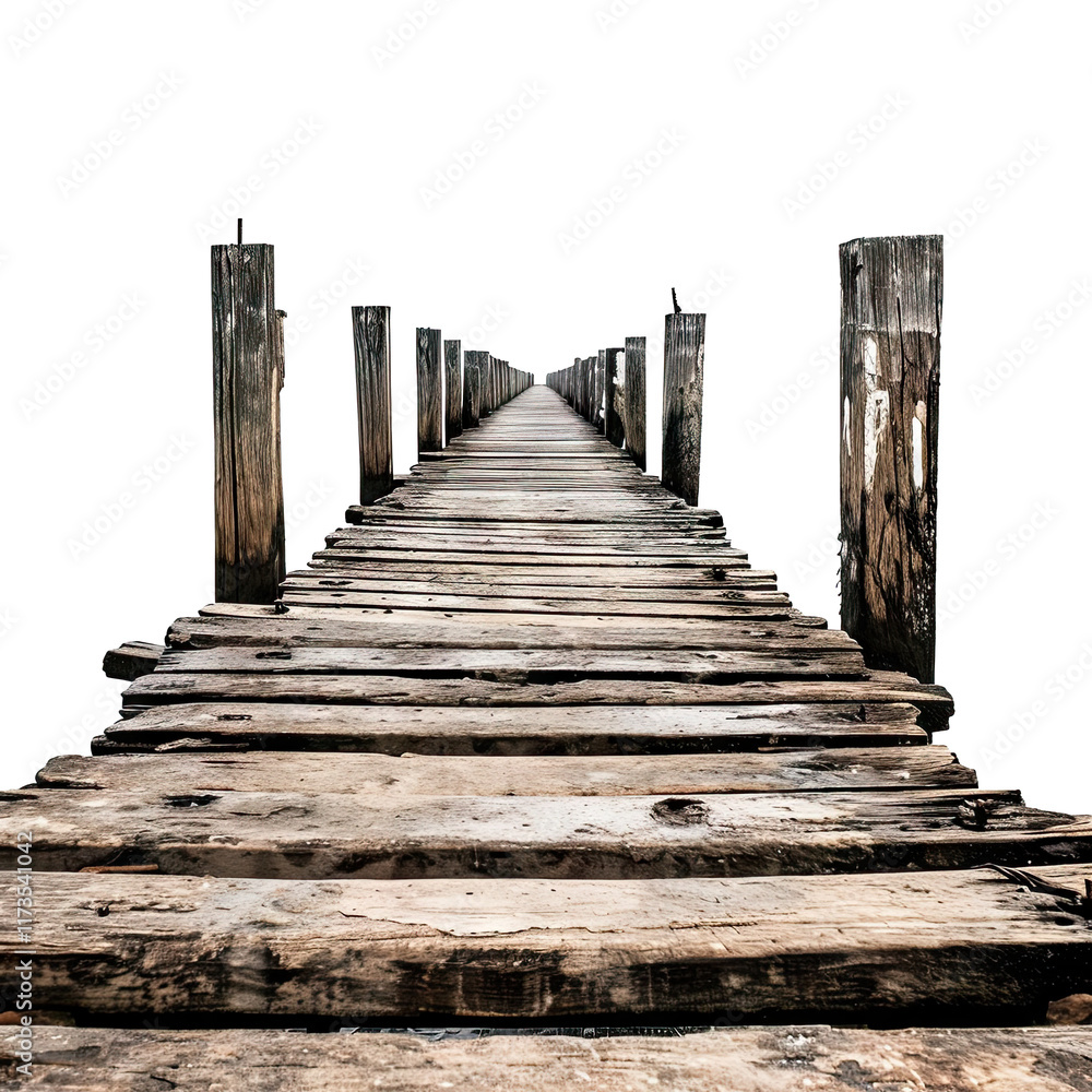 Fototapeta premium Perspective view of a fishing pier wooden isolated on white background, purpose, direction and infinity, isolated, png, transparent, clipart, transparent background, cutout, cut-out