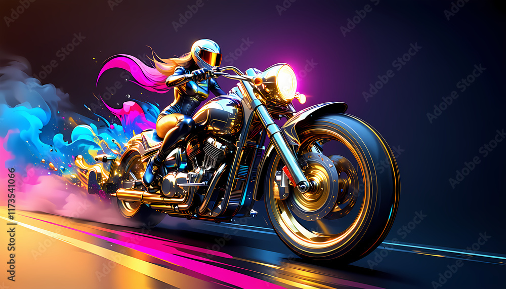 custom made wallpaper toronto digitalFuturistisches Motorrad mit einer dynamischen Bikerin, umgeben von abstrakten Farbexplosionen aus Feuer und Rauch, die eine kraftvolle und energiegeladene Atmosphäre schaffen.