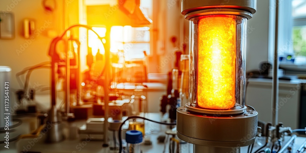 A glowing substance in a laboratory setting, indicating a scientific experiment. A glowing substance in a laboratory setting, indicating a scientific experiment.