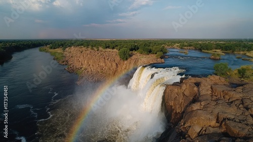 A majestic waterfall cascades into a rocky gorge, its thundering waters crowned by a vivid rainbow under the broad sky.
