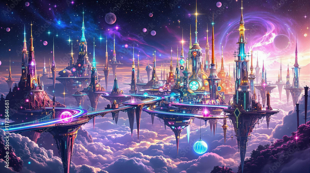 Fototapeta premium Floating Abstract City in a Dreamlike Mindscape with Glowing Lights