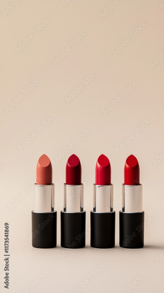 Obraz premium Four elegant lipsticks in black and silver packaging arranged on a beige background, featuring a variety of shades from nude to deep red for beauty concepts