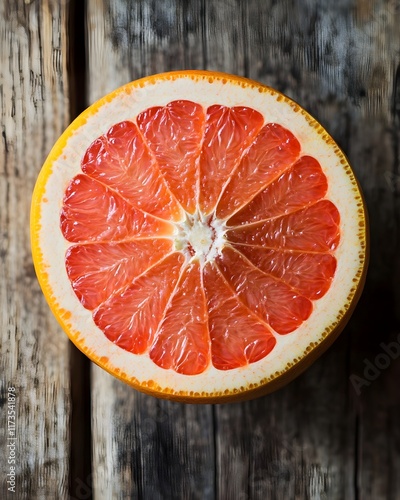 Half grapefruit arranged on a wooden surface, which is rich in nutrients including vitamin C, magnesium and calcium, plays a role in supporting the immune system, promoting skin and eye health photo