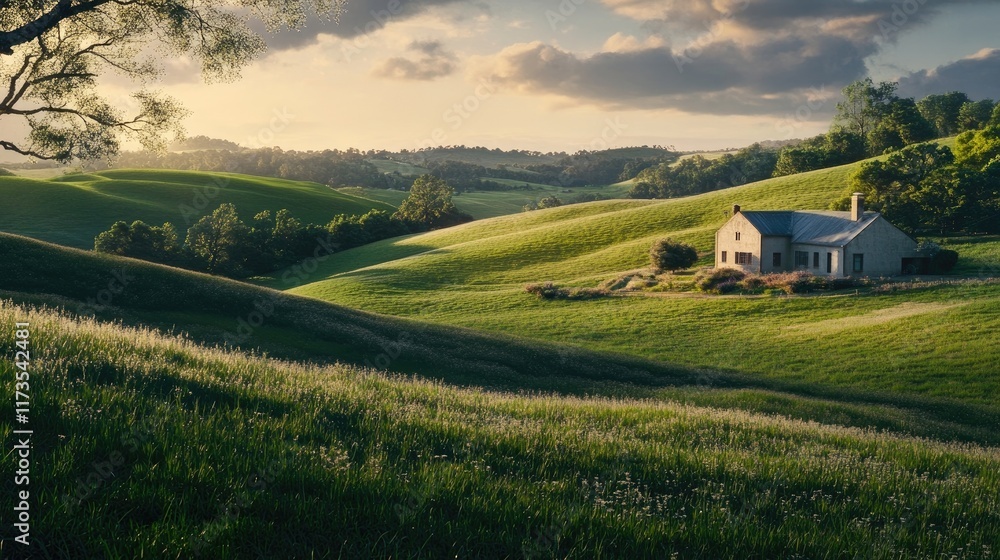 A serene landscape with rolling hills and a peaceful farmhouse, inviting visitors to enjoy the simplicity of rural life. 8k, realistic, full ultra HD, high resolution, and cinematic photography A serene landscape with rolling hills and a peaceful farmhouse, inviting visitors to enjoy the simplicity of rural life. 8k, realistic, full ultra HD, high resolution, and cinematic photography