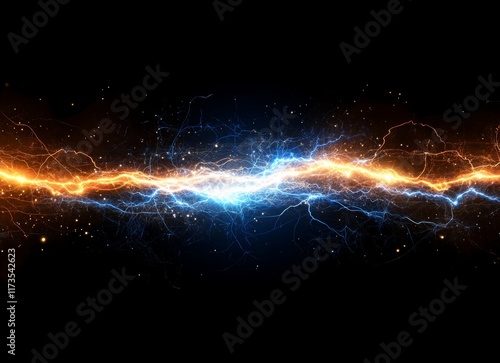 A collision of blue and orange energy streaks across a dark backdrop, spreading outwards in a starburst pattern. photo