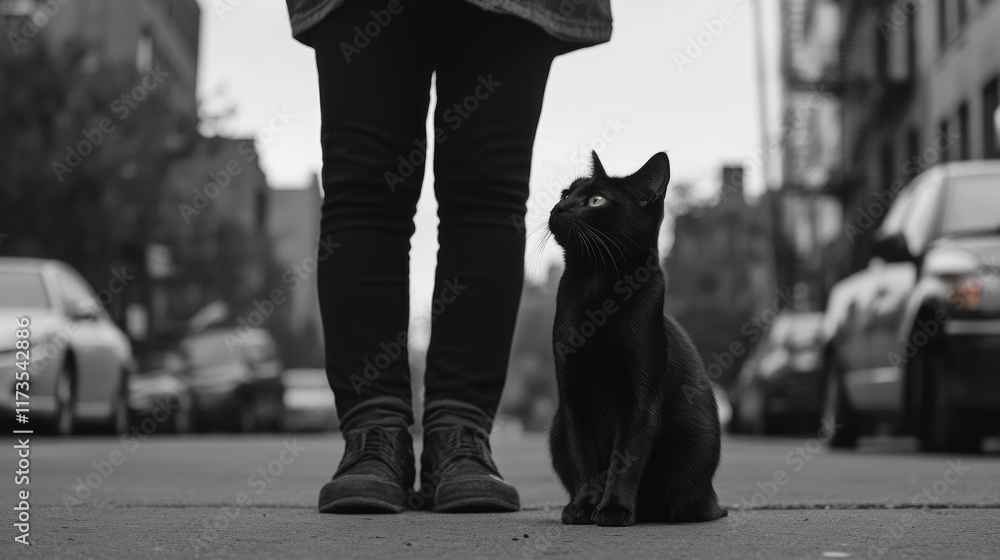 Obraz premium Black cat sits beside a person's legs on a city street.