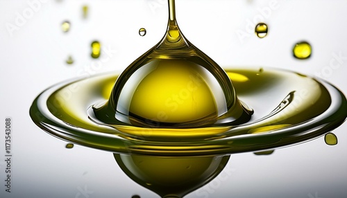 isolated drops of olive oil are featured against a white background showcasing the rich texture and vibrant color of olive oil in this visually appealing composition