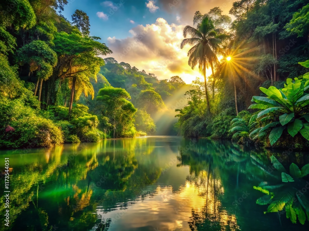 Obraz premium Serene Tropical Lake Sunset: Golden Sunlight Bathes Lush Forest Reflection