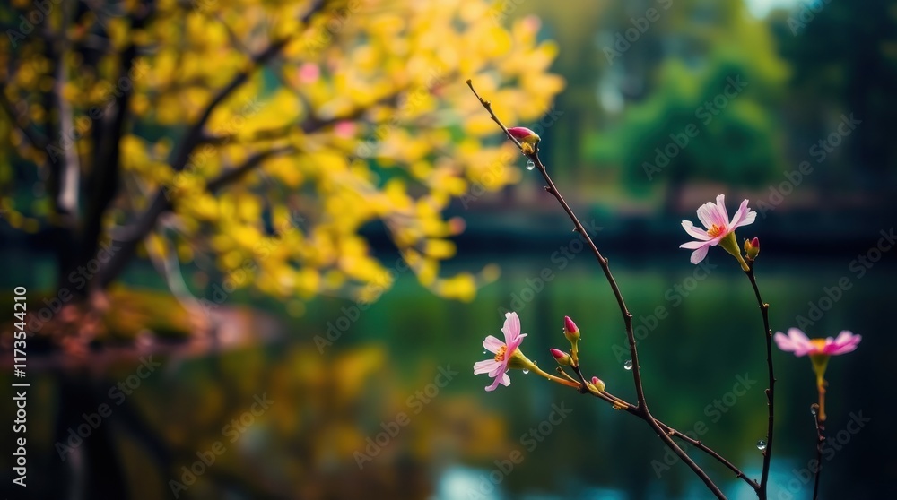 Pink Flowers Bloom Near Yellow Trees by Water Pink Flowers Bloom Near Yellow Trees by Water