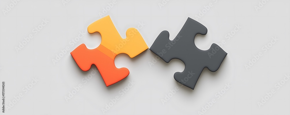 Obraz premium Minimalist conceptual image of two black and orange puzzle pieces for Puzzle Day on a white background