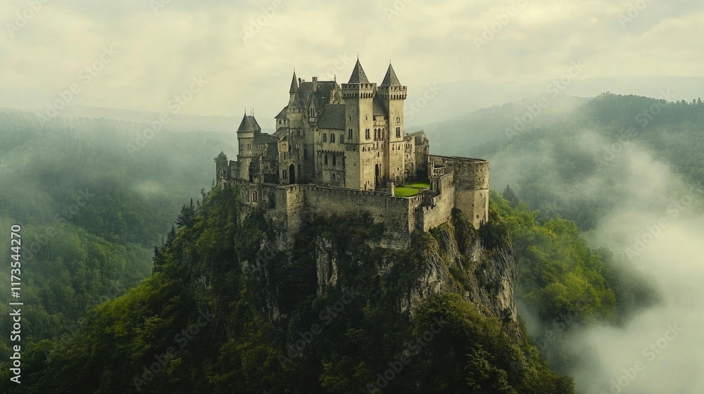 A stunning ancient castle perched atop a hill, surrounded by lush green forests and a misty atmosphere, evoking a sense of history and mystery. A stunning ancient castle perched atop a hill, surrounded by lush green forests and a misty atmosphere, evoking a sense of history and mystery.