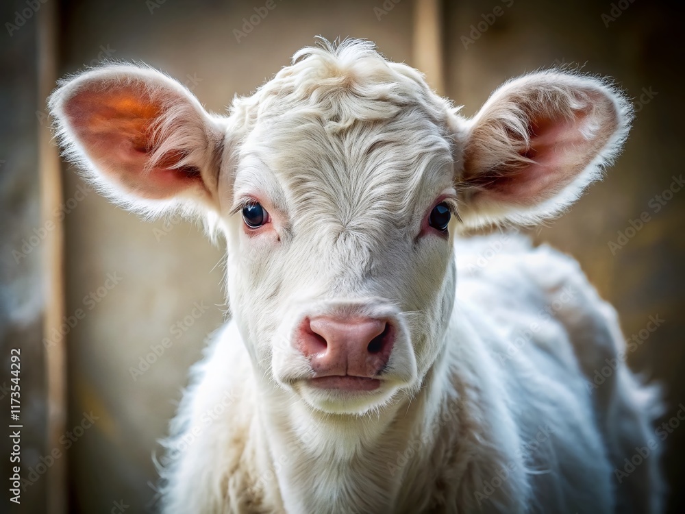 Serene White Calf Portrait: Peaceful Farm Animal Photography Serene White Calf Portrait: Peaceful Farm Animal Photography