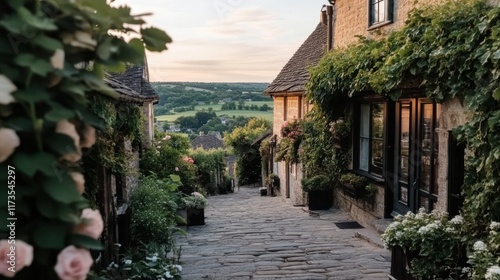 Cobblestone streets and ivy-clad cottages create a quaint rural village scene, bathed in soft light, evoking charm and peacefulness.