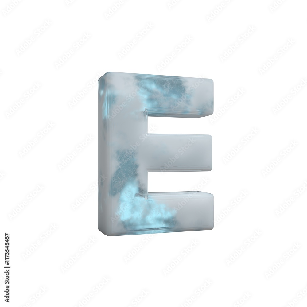 3D Render Frosty ice alphabet Letter E isolated on white background. 3D Render Frosty ice alphabet Letter E isolated on white background.