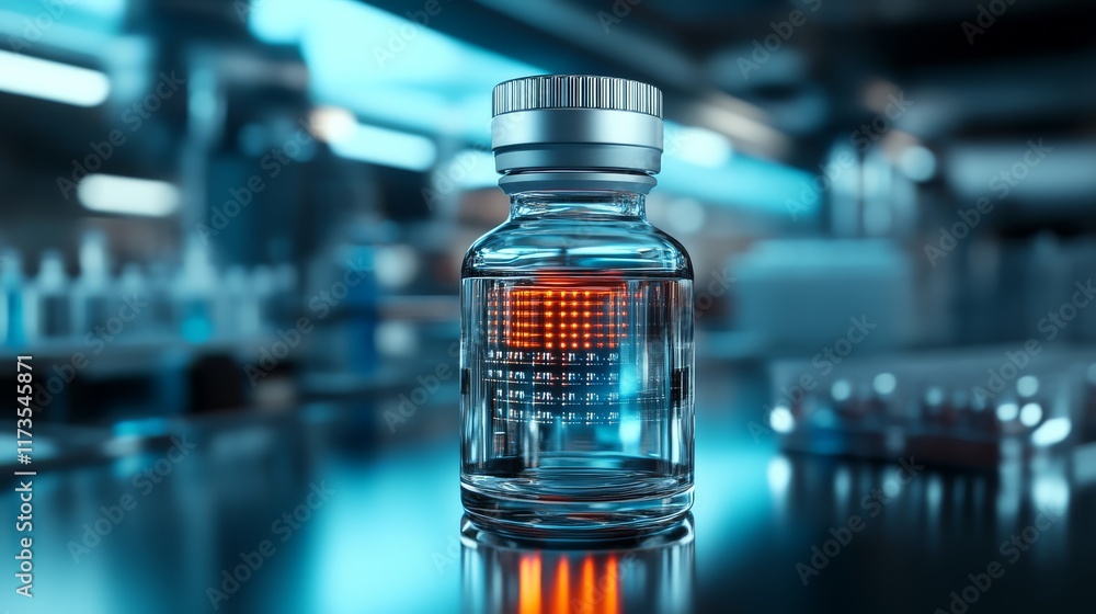 A glass vial with a silver cap, glowing with an orange light inside, set against a blurred laboratory background. A glass vial with a silver cap, glowing with an orange light inside, set against a blurred laboratory background.