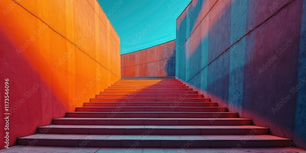 Abstract Urban Steps: A captivating perspective of a concrete staircase ascending towards a vibrant blue sky, framed by bold orange and blue walls. Abstract Urban Steps: A captivating perspective of a concrete staircase ascending towards a vibrant blue sky, framed by bold orange and blue walls.