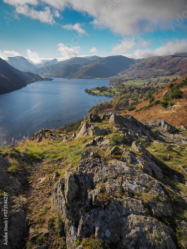 View from Yew Crag over southern Ullswater on the way up Gowbarrow Fell, Lake District, UK photo