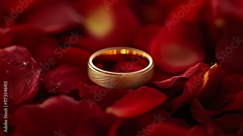 Gold wedding band resting on red flower petals photo