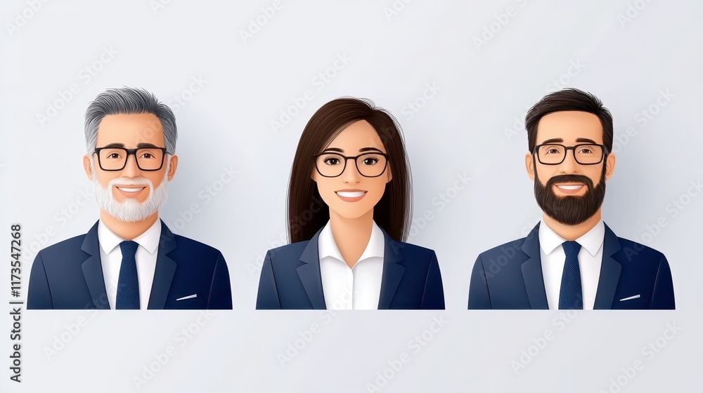 Three professionals in suits and glasses, a portrait of business acumen expertise in the corporate world Three professionals in suits and glasses, a portrait of business acumen expertise in the corporate world