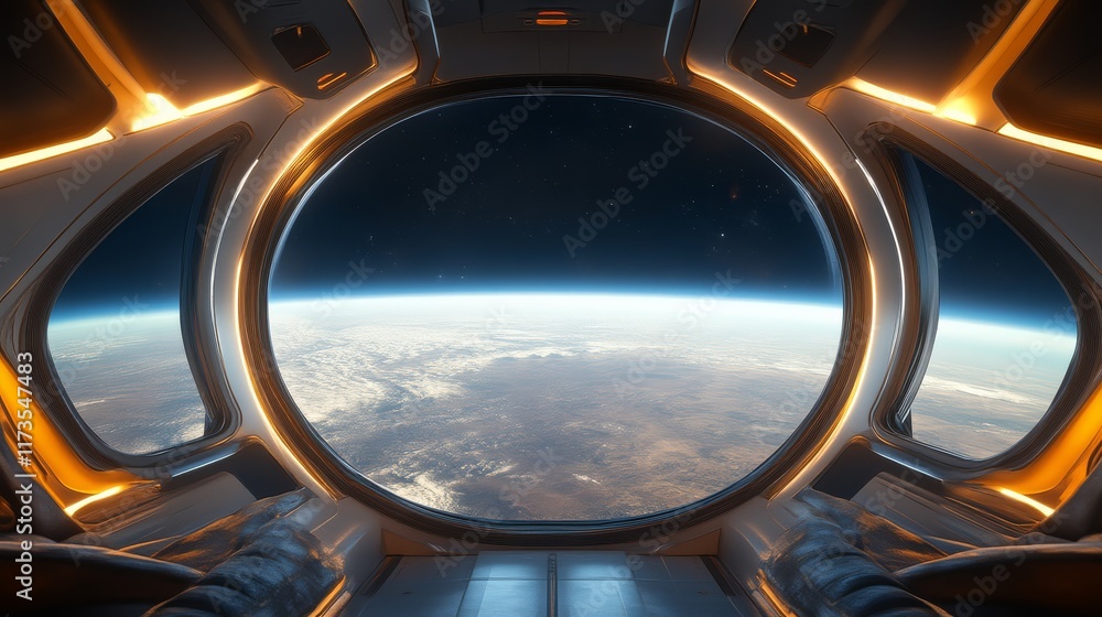 A futuristic spacecraft window reveals a breathtaking view of Earth from space, highlighting the planet's curves and atmosphere. A futuristic spacecraft window reveals a breathtaking view of Earth from space, highlighting the planet's curves and atmosphere.