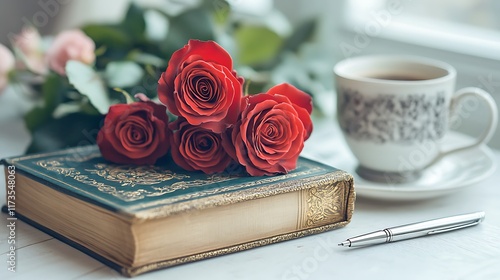 legant red roses in a bouquet, placed on a white table alongside a spring-themed book with an embossed cover, a silver click pen, and a cup of steaming coffee, all captured with camera-like detail. photo