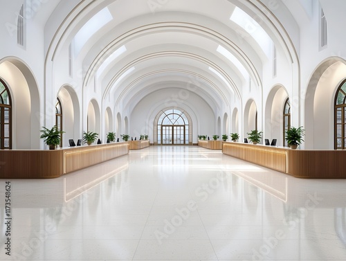 Highceilinged bank interior with arched wooden counters and a grand, open atmosphere, wooden furniture concept photo