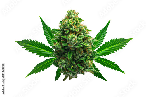 A vibrant cannabis bud surrounded by lush green leaves, showcasing its unique texture and rich coloration.