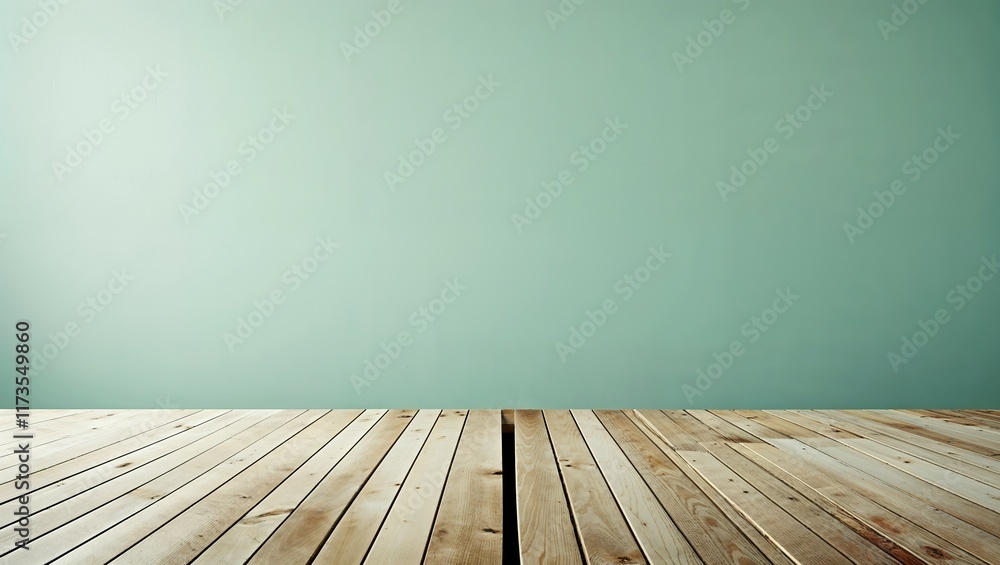 Fototapeta premium Empty wooden deck table over mint wallpaper background