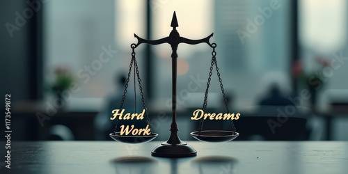 The Price of Dreams: A symbolic scale tipped in favor of hard work, a powerful visual metaphor for the dedication and effort it takes to achieve ambitions. photo