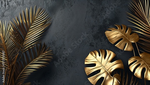 golden palm and monstera leaves on dark grey background