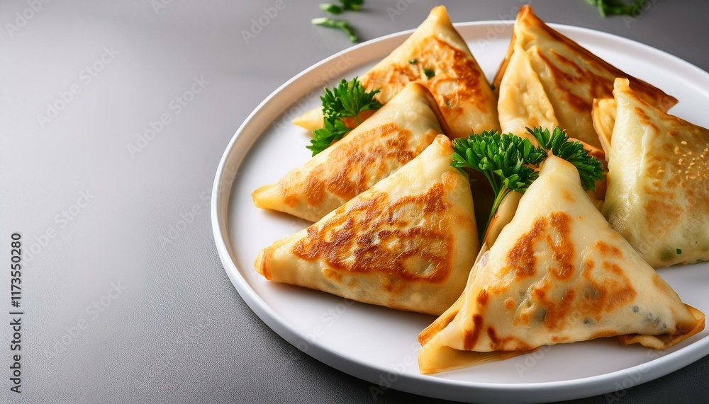 triangle pancakes with chicken arranged artistically on a white plate with copy space image triangle pancakes with chicken arranged artistically on a white plate with copy space image