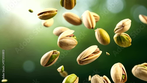 Close-up pistachios in mid-air, illuminated by soft, natural light, their cracked shells and green kernels embodying freshness and organic quality.