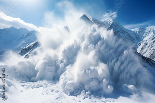 awe-inspiring spectacle of nature in motion is captured in breathtaking drama of an avalanche descending a mountain slope with majestic peaks and turbulent snow photo