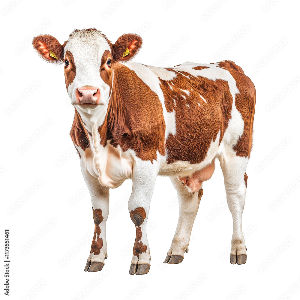 A brown and white cow stands confidently, showcasing its distinctive markings and alert expression. A brown and white cow stands confidently, showcasing its distinctive markings and alert expression.
