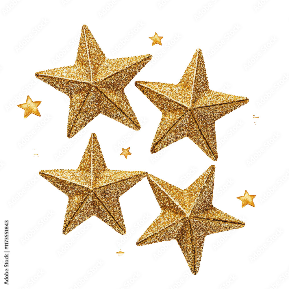A cluster of four golden stars with a sparkling texture, showcasing a vibrant and festive appearance. A cluster of four golden stars with a sparkling texture, showcasing a vibrant and festive appearance.
