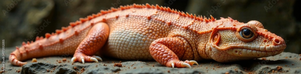 Fototapeta premium Pale skin with rough, dry scales covered in small warts, brownish-red belly , semi-aquatic life form, newt species